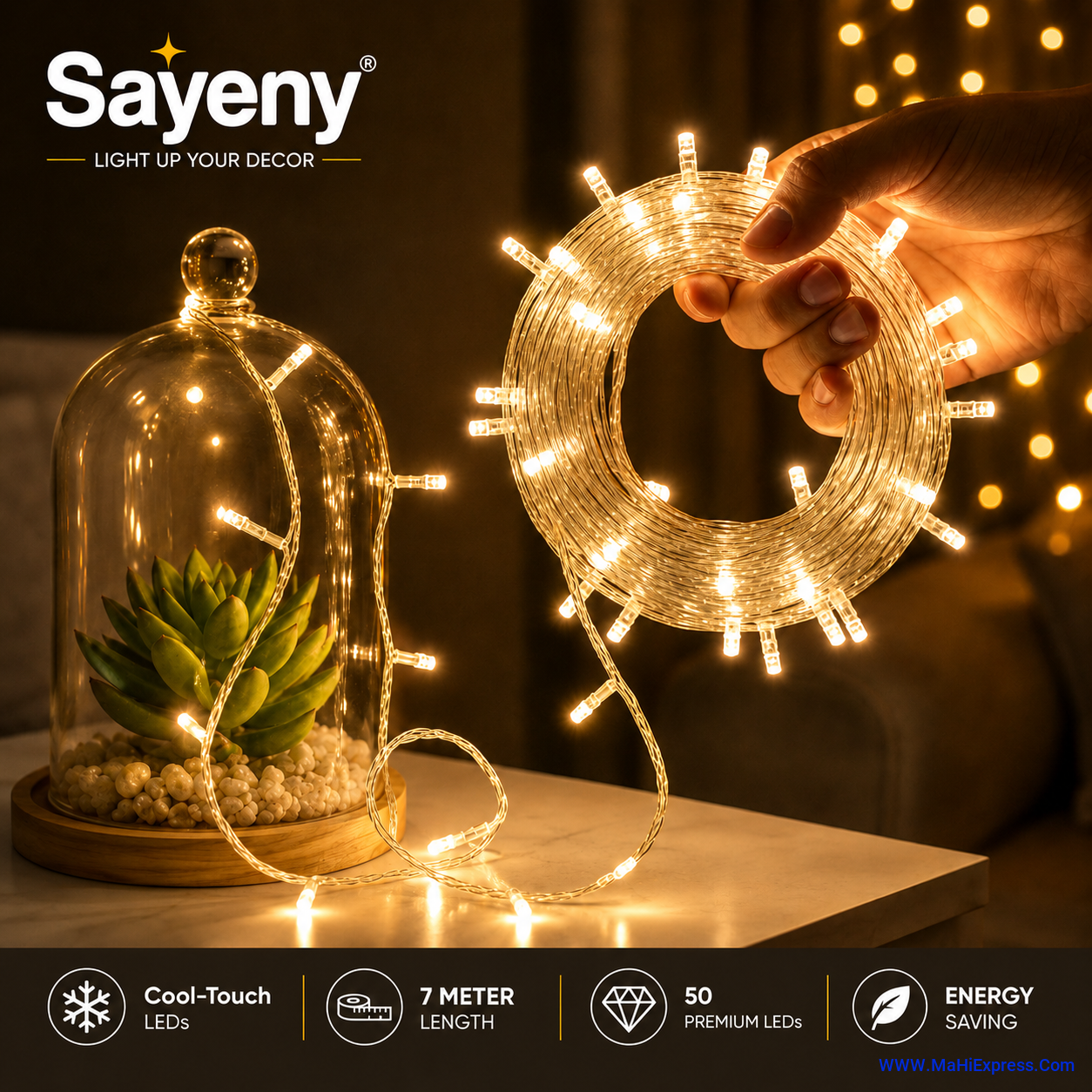 Sayeny 10 Meter 50 LED Warm White Rice Lights | Steady Glow Decorative Fairy String Lights for Home, Festival, Diwali, Christmas & Party Decoration