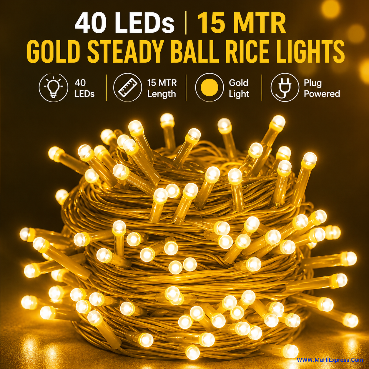 40 LED 15m Gold Steady Ball Rice Lights (Pack of 1) | Waterproof Decorative Fairy String Lights for Home, Diwali, Christmas, Garden & Party Decoration