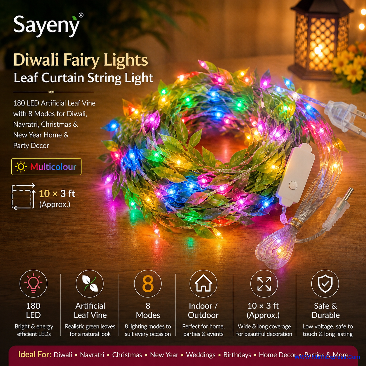 Sayeny 180 LED Artificial Leaf Vine Curtain String Lights (10x3 ft) – Multicolour Fairy Lights with 8 Lighting Modes for Diwali, Navratri, Christmas & Home Decor