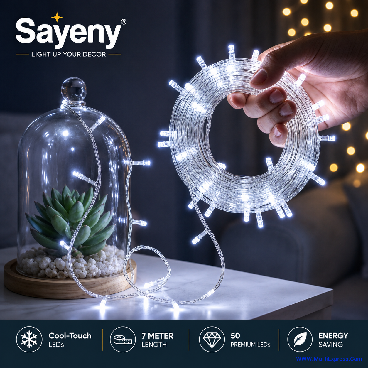 Sayeny 10 Meter 50 LED White Rice Lights | Steady String Fairy Lights for Festival, Home, Diwali & Party Decoration
