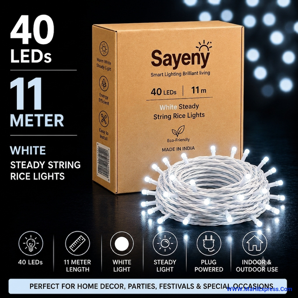 Sayeny 10 Meter 34 LED White Rice Lights | Steady Glow Decorative Ladi String Lights for Home, Bedroom, Festival, Diwali, Mandir, Christmas & Party Decoration