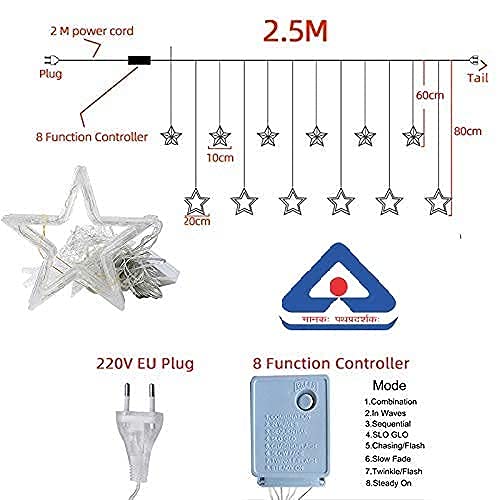 Sayeny 12 Stars 138 Led Curtain String Lights Window Curtain Lights with 8 Flashing Modes Decoration for Christmas, Wedding, Party, Home, Patio Lawn Warm White (138 Led-Star, Copper, Pack of 1)