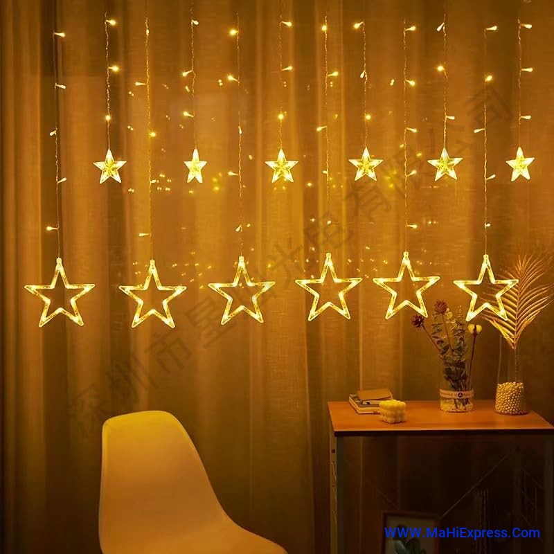 Sayeny 12 Star LED Curtain String Lights – 3m Decorative Fairy Lights with 8 Lighting Modes, 108 LEDs for Home, Wedding, Festival & Party Decoration (Warm White) (Pack of 1 - 6+6 Star Plastic)