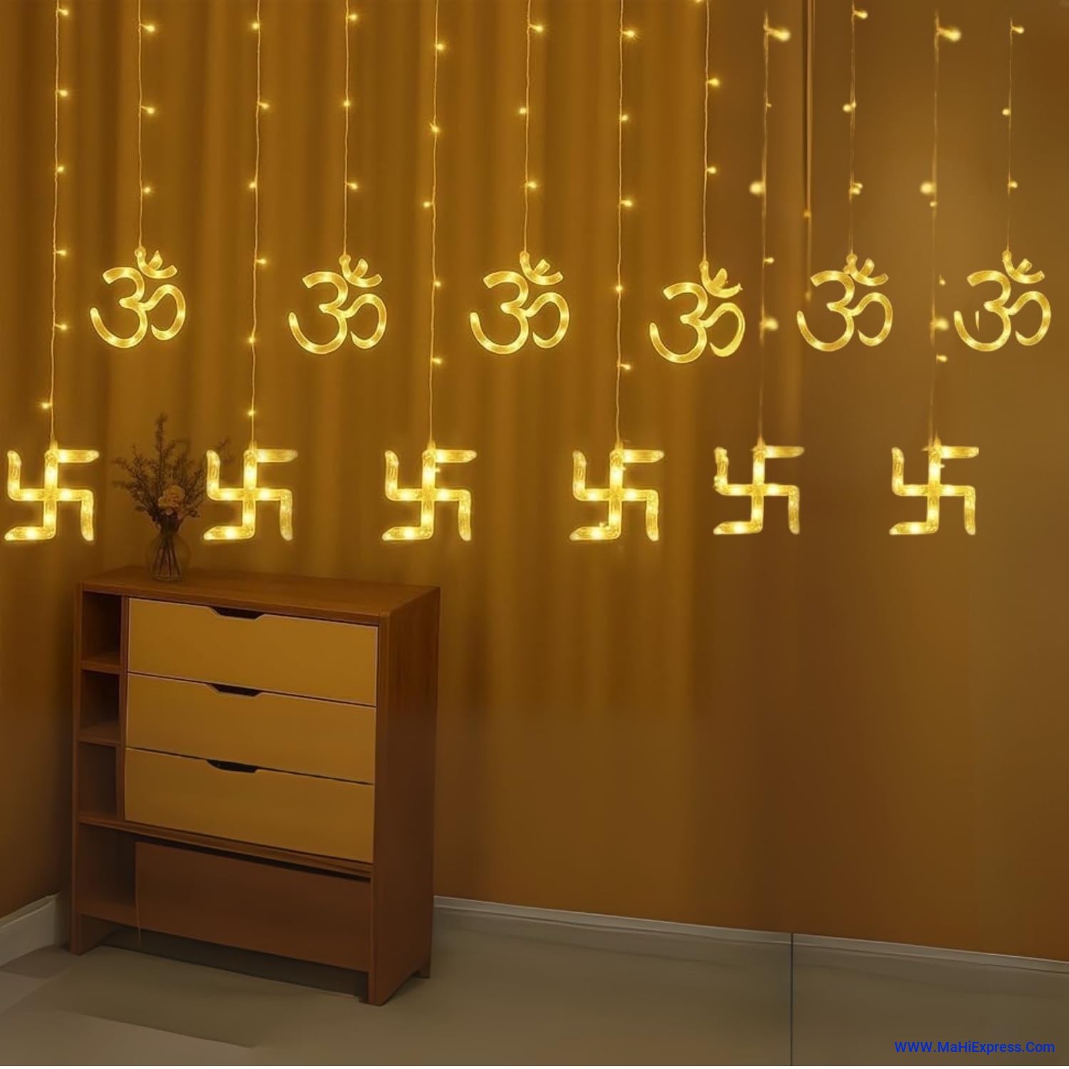 Sayeny 12 Om Swastik Curtain Warm White String Lights 6 Swastik 6 Om 114 Led 3 Meter Window Curtain Lights with 8 Flashing Modes for Indoor Outdoor Decoration (Plug-in, Warm White Pack of 1 - 6+6)