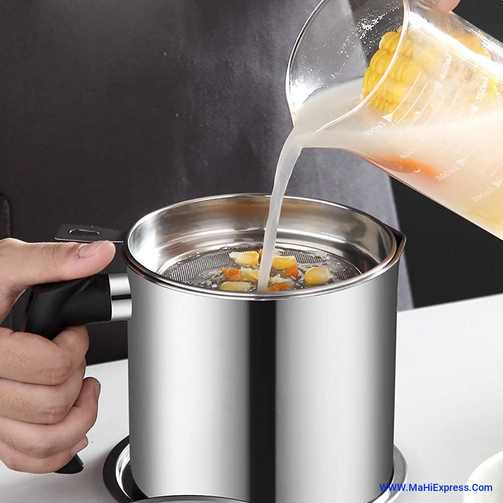 Cooking Oil Filter  Bacon Grease Container With Strainer,48 Oz Stainless Steel Oil Container,Pot Fat Storage With Lid,Easy Grip Handle Suitable For Storing Frying Oil (14.5 X 13.6 X 14 Centimeters,Sil