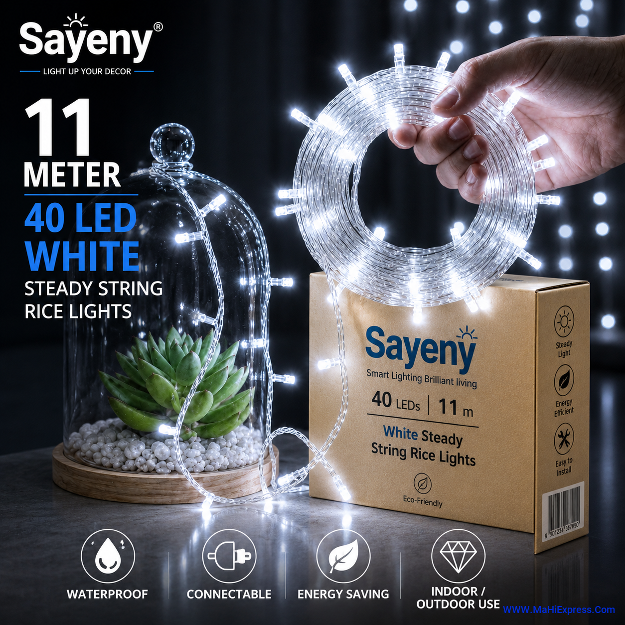 Sayeny 10 Meter 34 LED White Rice Lights | Steady Glow Decorative Ladi String Lights for Home, Bedroom, Festival, Diwali, Mandir, Christmas & Party Decoration
