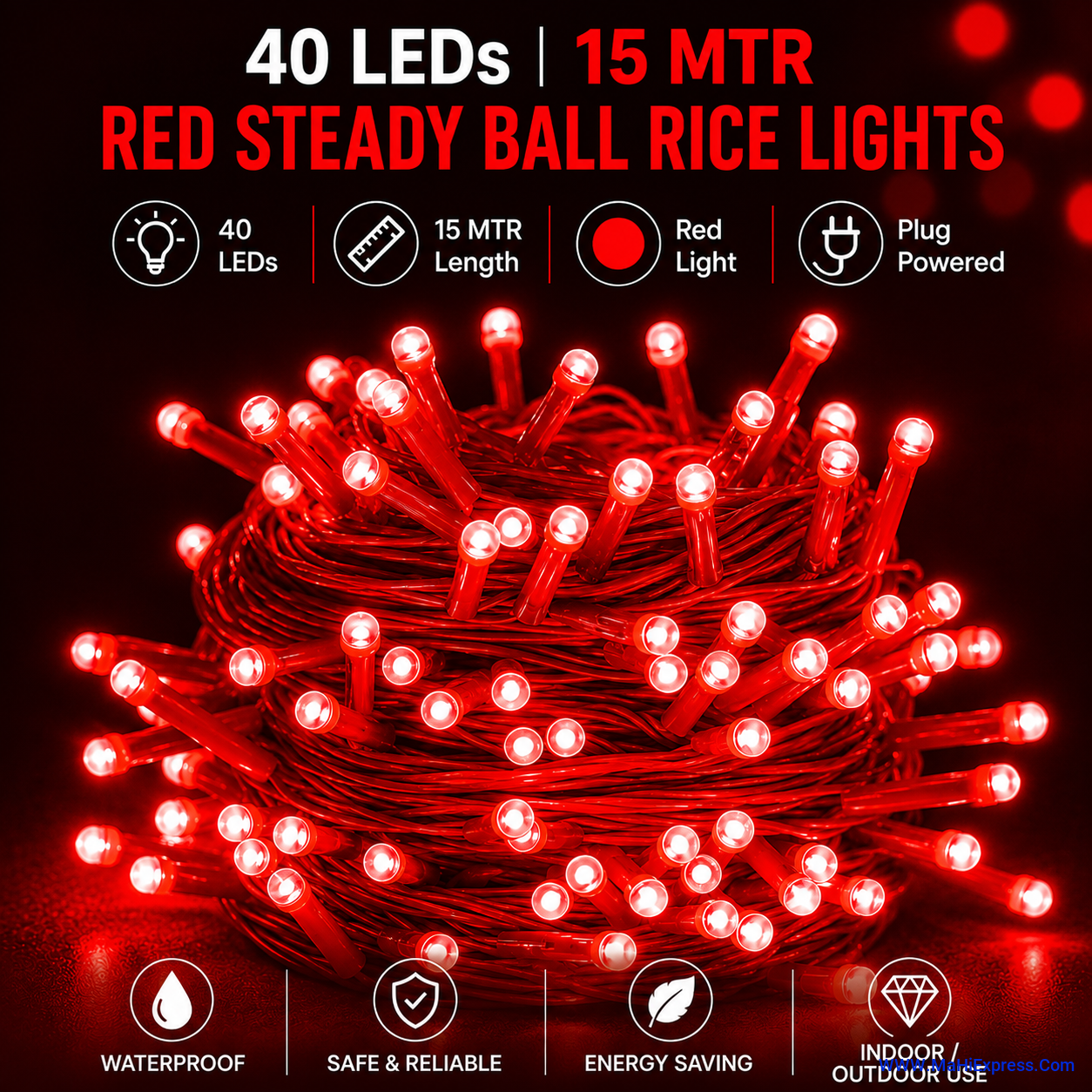 40 LED 15m Red Steady Ball Rice Lights (Pack of 1) | Waterproof Decorative Fairy String Lights for Home, Diwali, Christmas, Garden & Party Decoration
