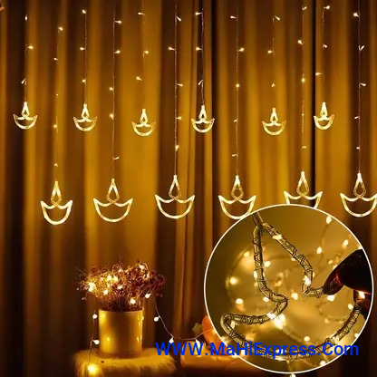 Sayeny Fairy Diya Curtain LED String Light 10 Diyas 96 LED, 3 Meter (5+5) with 8 Modes Window Curtain Decorative Light for Home Decoration, Plug-in (Warm White)