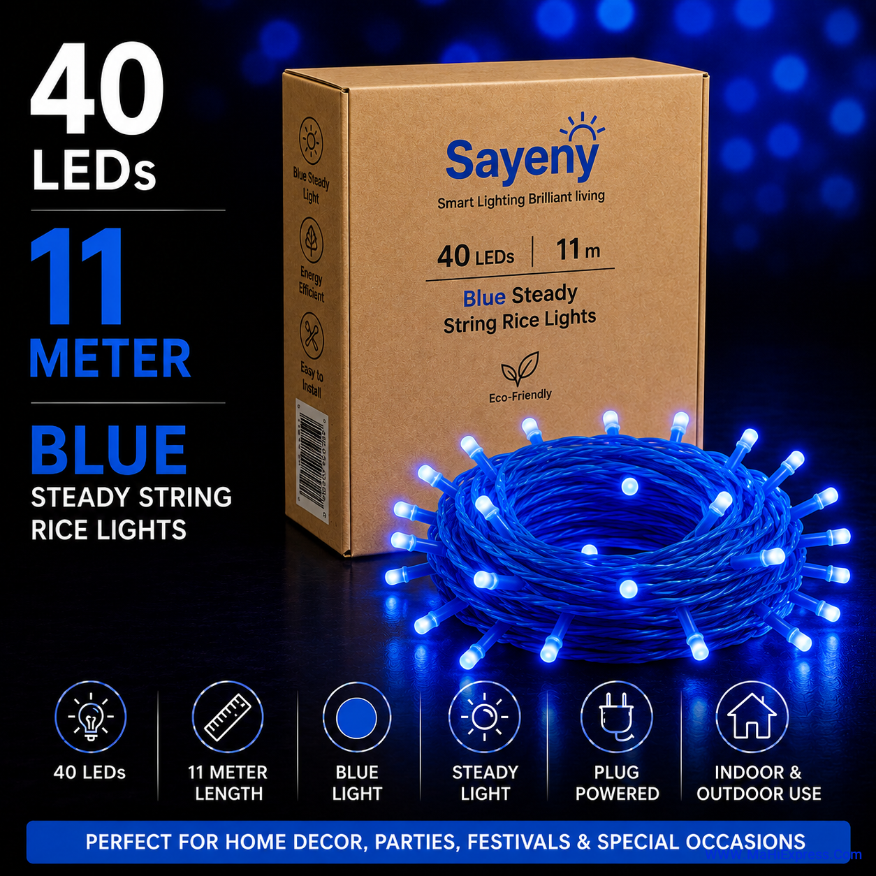 Sayeny 10 Meter 34 LED Blue Rice Lights | Steady Glow Decorative Ladi String Lights for Home, Bedroom, Festival, Diwali, Christmas & Party Decoration