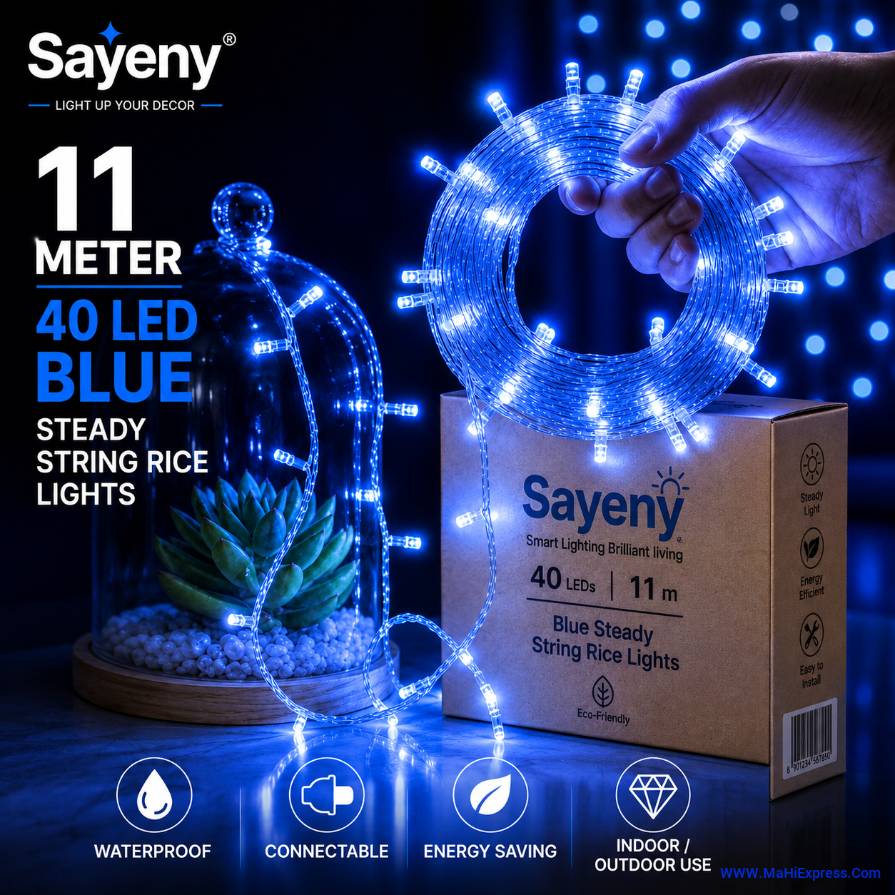 Sayeny 10 Meter 34 LED Blue Rice Lights | Steady Glow Decorative Ladi String Lights for Home, Bedroom, Festival, Diwali, Christmas & Party Decoration