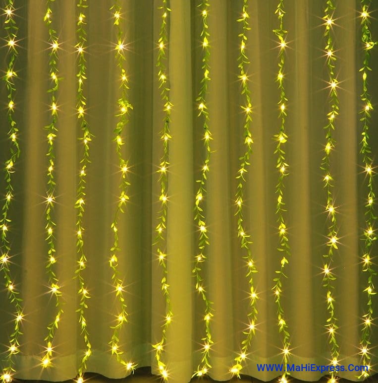 Sayeny Artificial Leaf Curtain Lights – 180 LED Warm White Fairy String Lights, 3x1m, Remote Control with 8 Lighting Modes for Home, Wedding, Party, Diwali, Christmas & Festival Decoration