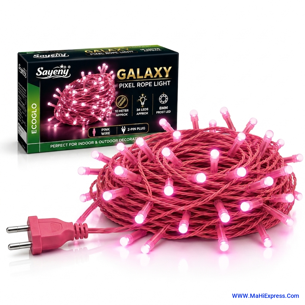 Sayeny 8mm Frost Pixel Galaxy Rope Light (10m, 34 LEDs) | White LED Ladi with Pink Wire & Frost White Bulbs | Direct 2-Pin Plug String Light for Home, Party & Festival Decoration (Pack of 1)