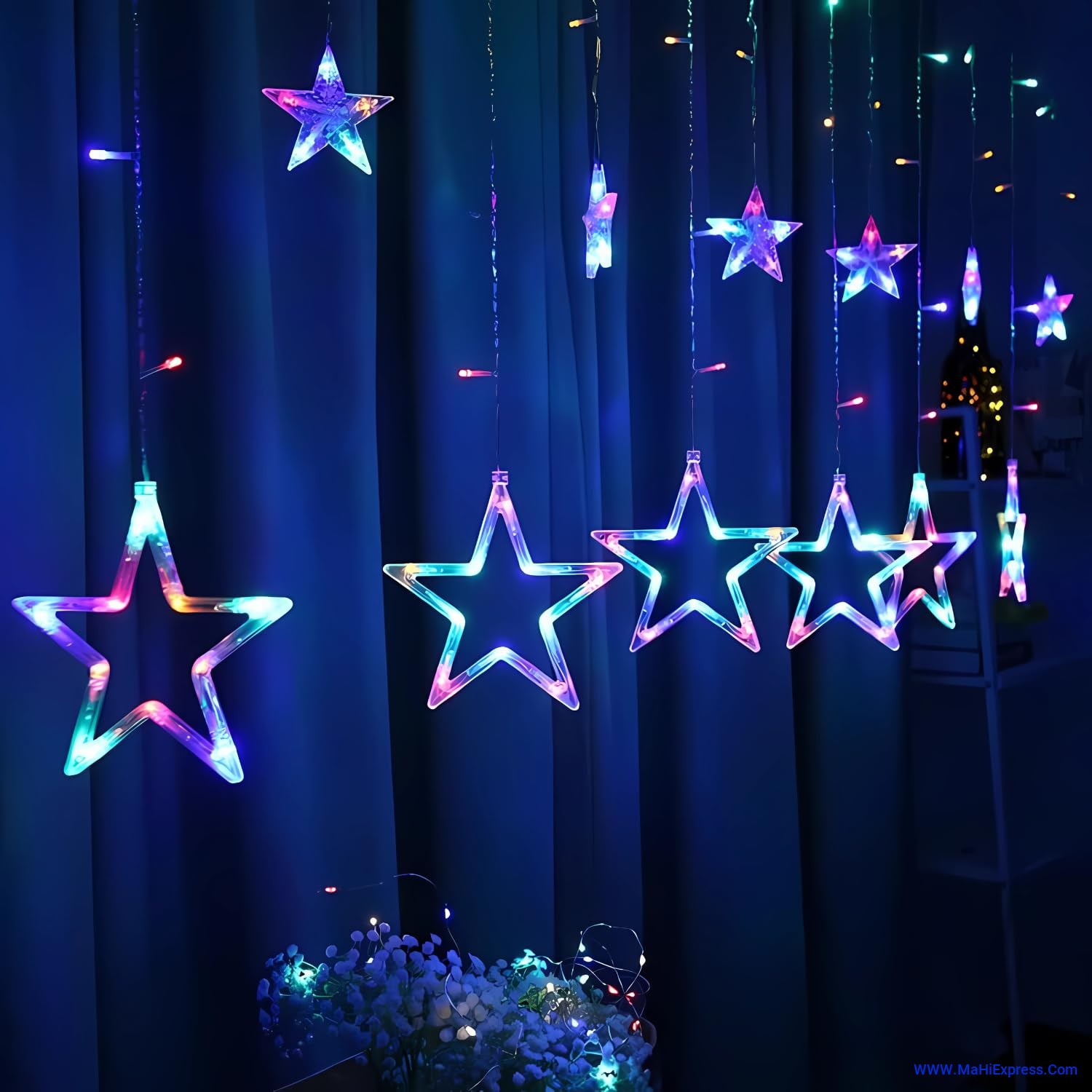 Sayeny Star Curtain String Decorative LED Lights – 3 Meter Multicolor Plug-in Lights with 108 LEDs, 8 Lighting Modes (6+6 Star Design) for Wall, Corner, Festival, Party & Home Decoration