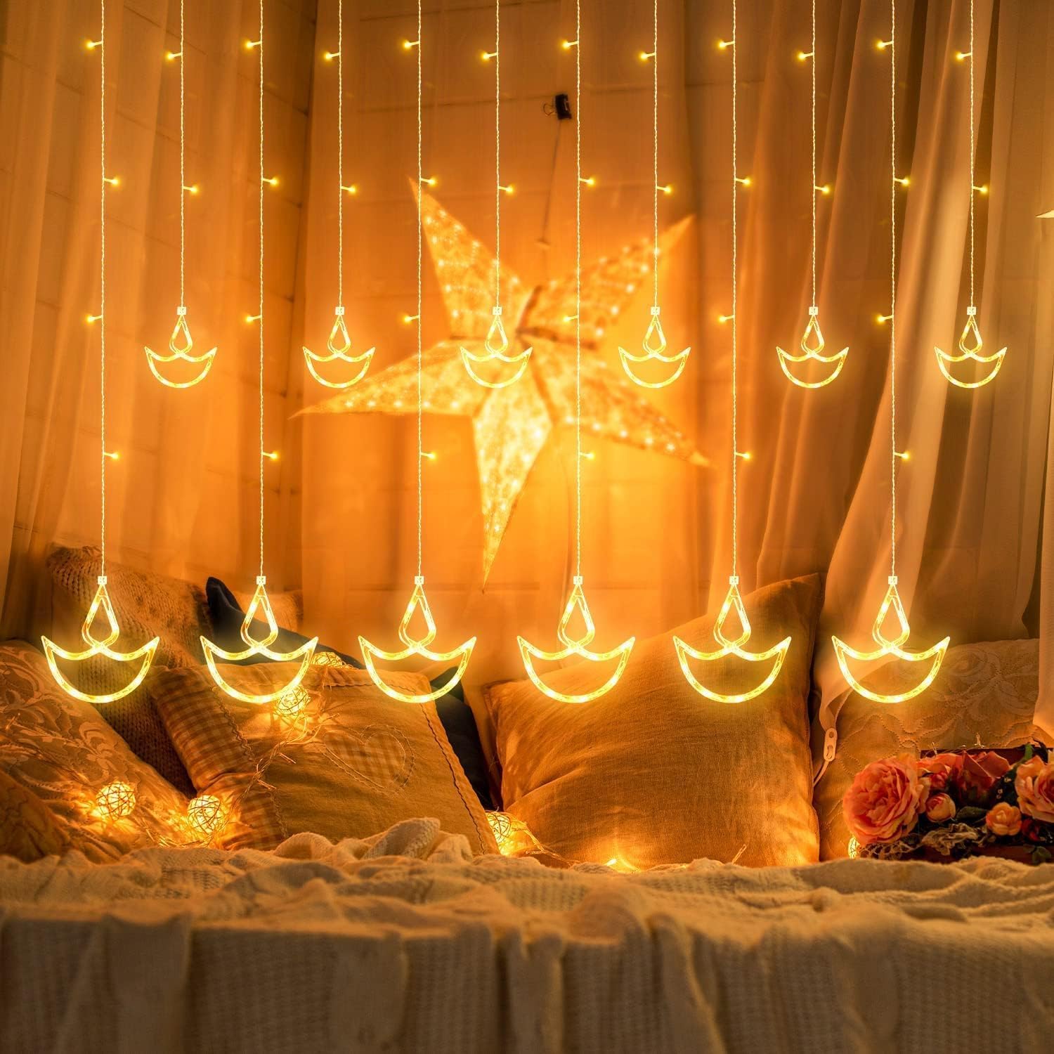 Sayeny 12 Diyas Window Curtain Lights with 8 Flashing Modes Decoration for Christmas, Wedding, Party, Home, Patio Lawn, Warm White (6+6 Diyas)
